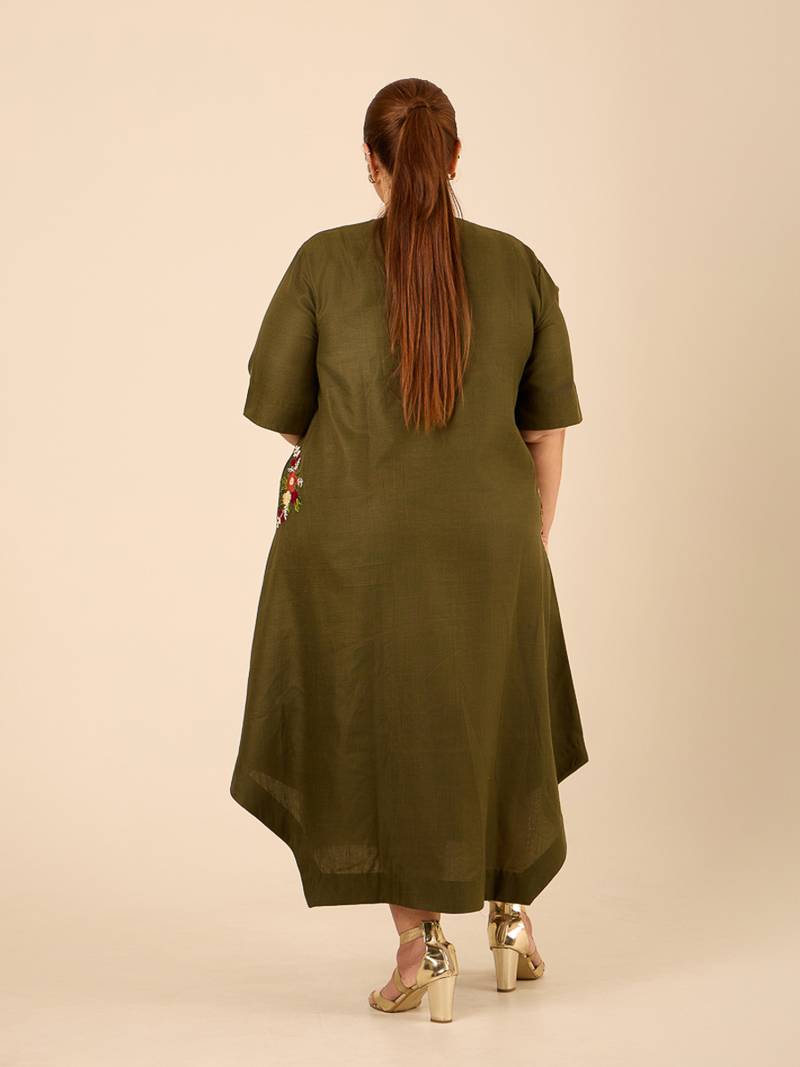 Olive green thread embroidered cotton linen blend  a-line longline kurta