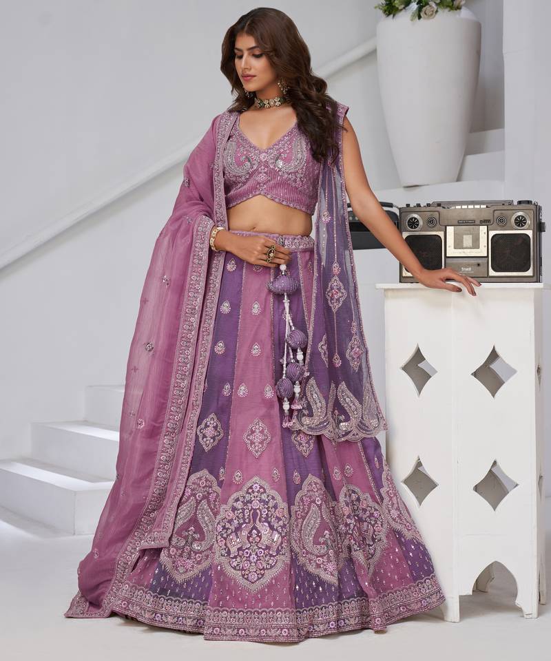 Festive Glam Mauve and Dark Purple Double Dupatta Lehenga with Layered Dupattas