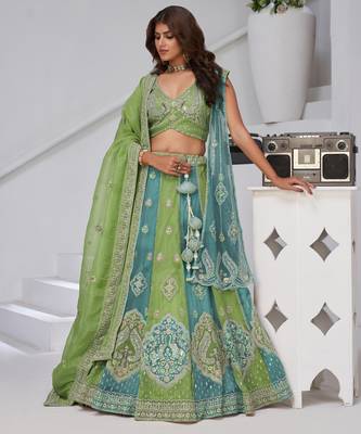 Vibrant Dual Tone Green & Turquoise Lehenga with Double Dupattas for Weddings 2