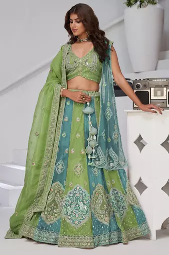Vibrant Dual Tone Green & Turquoise Lehenga with Double Dupattas for Weddings