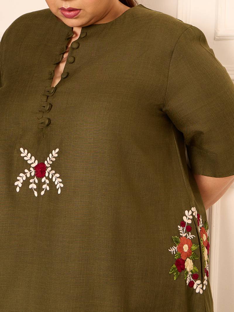 Olive green thread embroidered cotton linen blend  a-line longline kurta