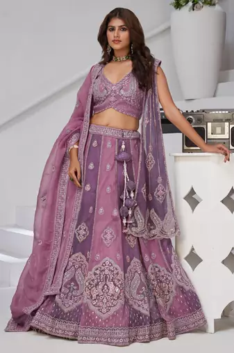 Festive Glam Mauve and Dark Purple Double Dupatta Lehenga with Layered Dupattas