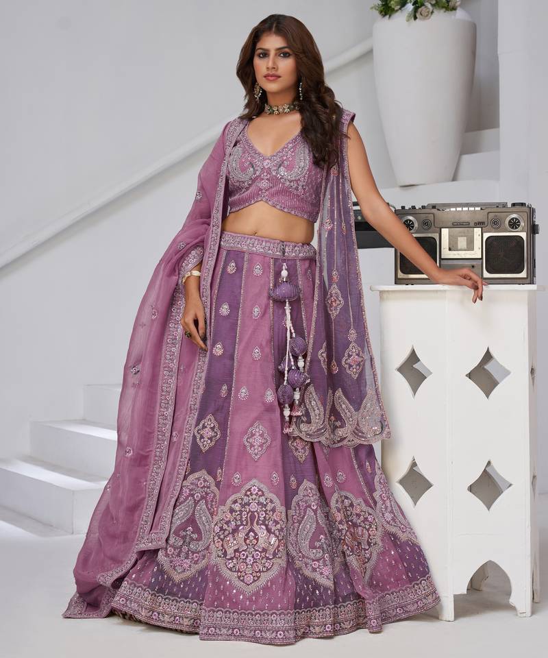 Festive Glam Mauve and Dark Purple Double Dupatta Lehenga with Layered Dupattas