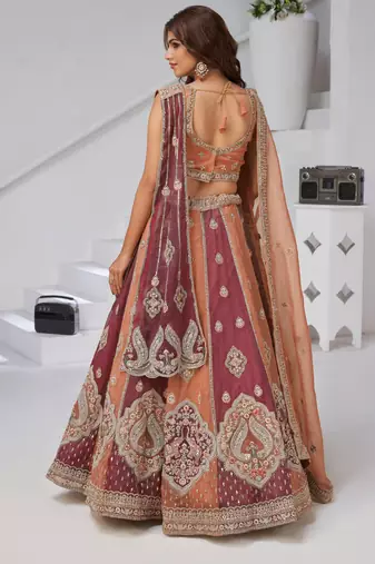 Two Shades of Elegance     Rust & Dark Rust Double Dupatta Lehenga