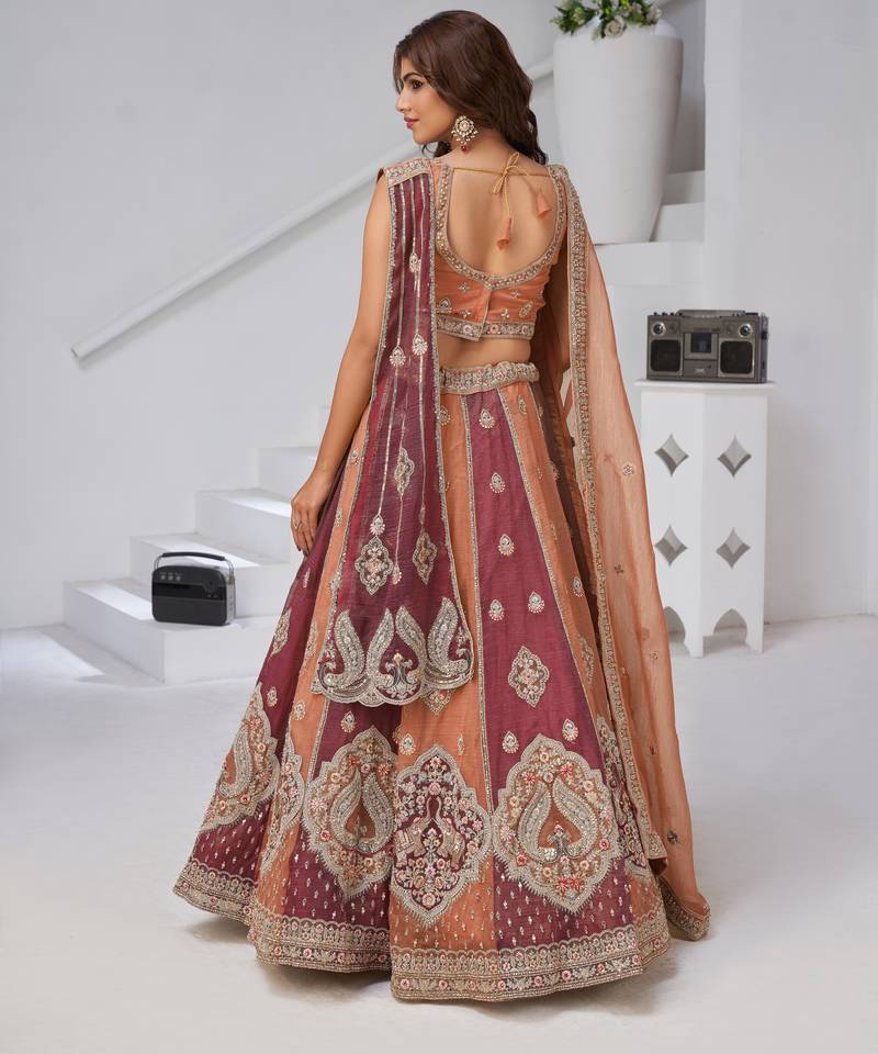 Two Shades of Elegance – Rust & Dark Rust Double Dupatta Lehenga