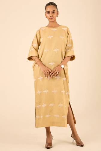 Beige all over thread embroidered cotton linen blend  straight fit longline kurta