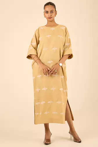 Beige all over thread embroidered cotton linen blend  straight fit longline kurta