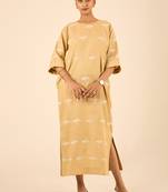 Beige all over thread embroidered cotton linen blend  straight fit longline kurta
