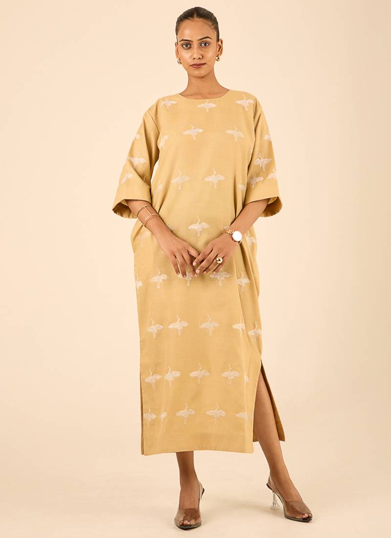 Beige all over thread embroidered cotton linen blend  straight fit longline kurta