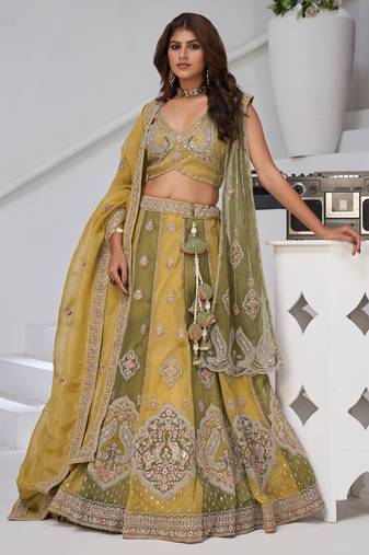 Mustard & Green Double Dupatta Lehenga with Intricate Zari and Resham Work