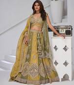 Mustard & Green Double Dupatta Lehenga with Intricate Zari and Resham Work