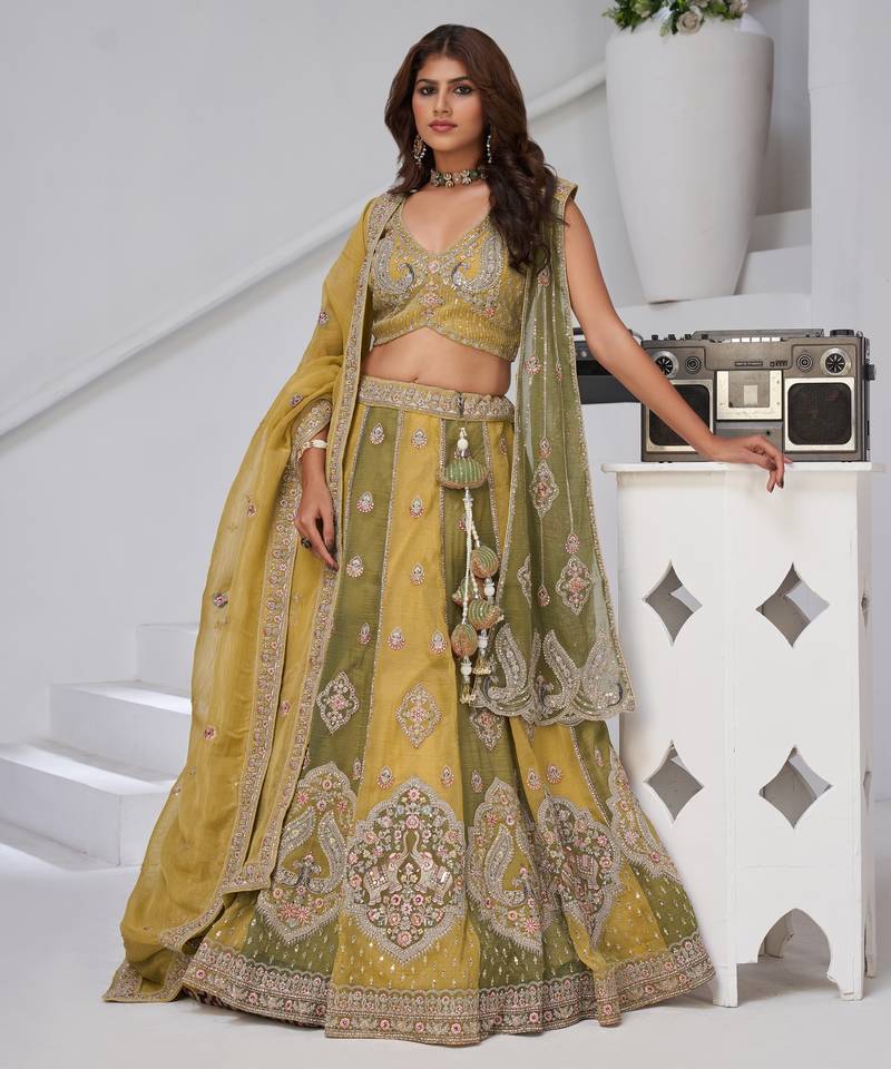 Mustard & Green Double Dupatta Lehenga with Intricate Zari and Resham Work