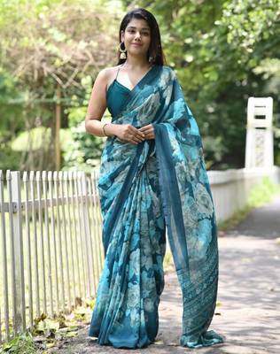 turquoise floral print chiffon saree with unstiched blouse piece 1