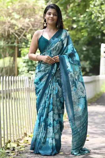 turquoise floral print chiffon saree with unstiched blouse piece