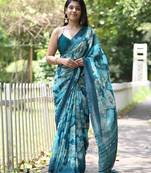 turquoise floral print chiffon saree with unstiched blouse piece