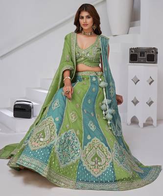 Vibrant Dual Tone Green & Turquoise Lehenga with Double Dupattas for Weddings 3
