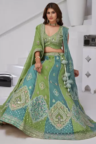 Vibrant Dual Tone Green & Turquoise Lehenga with Double Dupattas for Weddings