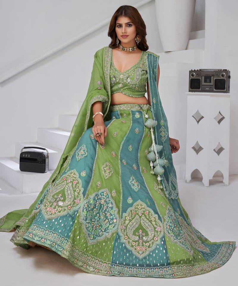 Vibrant Dual Tone Green & Turquoise Lehenga with Double Dupattas for Weddings