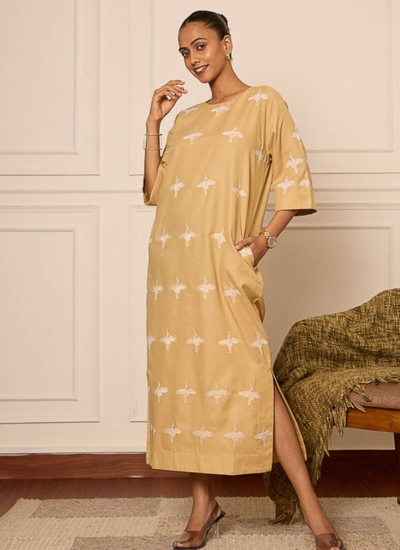 Beige all over thread embroidered cotton linen blend  straight fit longline kurta