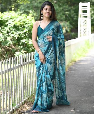 turquoise floral print chiffon saree with unstiched blouse piece 2