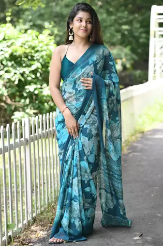 turquoise floral print chiffon saree with unstiched blouse piece