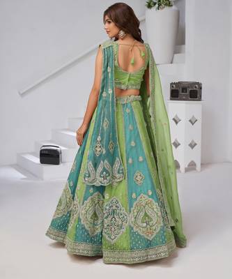 Vibrant Dual Tone Green & Turquoise Lehenga with Double Dupattas for Weddings 4