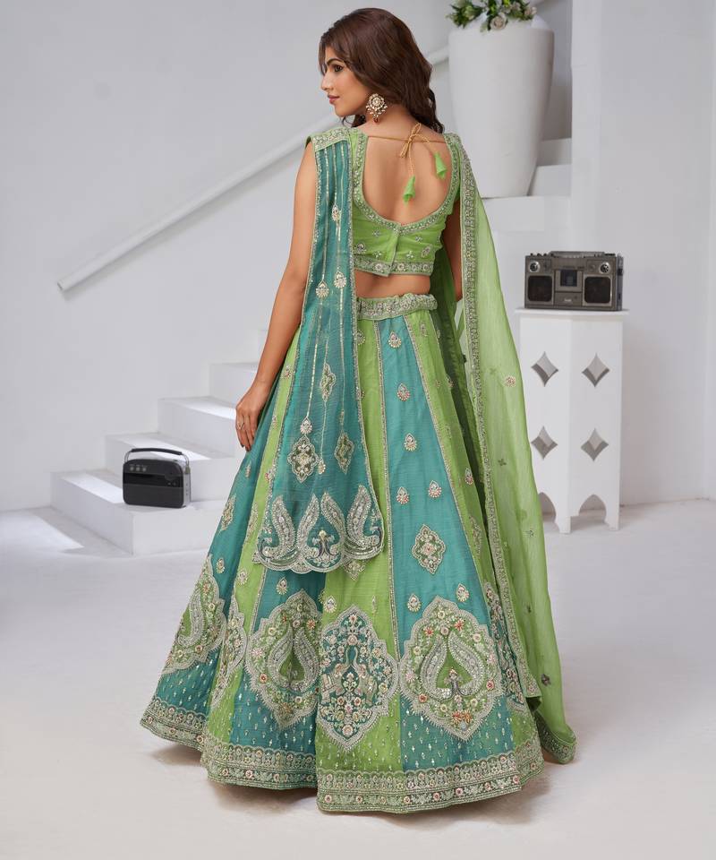 Vibrant Dual Tone Green & Turquoise Lehenga with Double Dupattas for Weddings