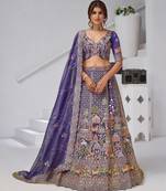 Divine Elegance in Purple     Bridal Lehenga with Temple & Cow Motifs