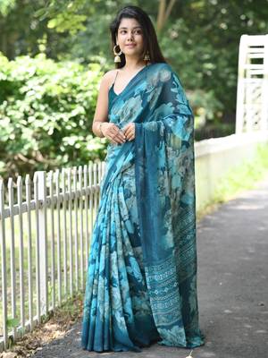 turquoise floral print chiffon saree with unstiched blouse piece 3