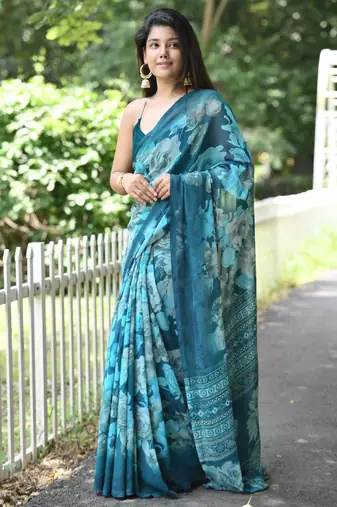 turquoise floral print chiffon saree with unstiched blouse piece