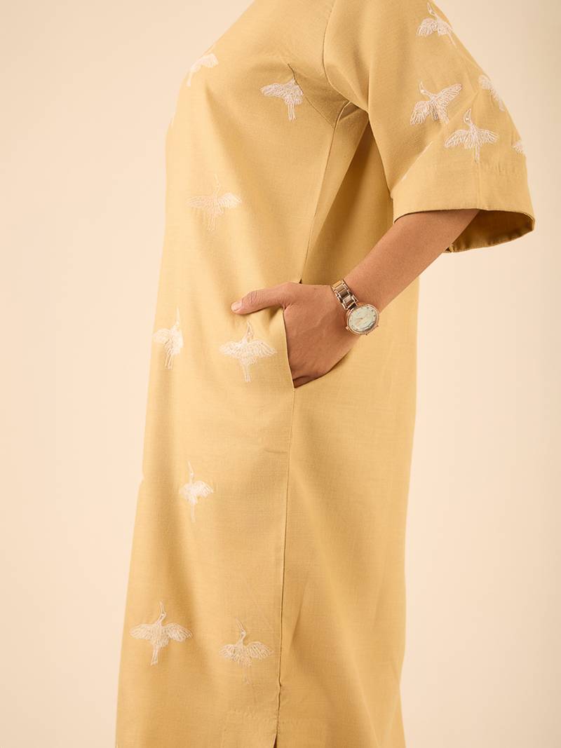 Beige all over thread embroidered cotton linen blend  straight fit longline kurta