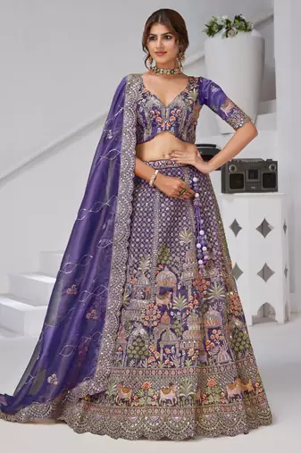 Divine Elegance in Purple     Bridal Lehenga with Temple & Cow Motifs