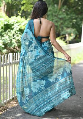 turquoise floral print chiffon saree with unstiched blouse piece 4