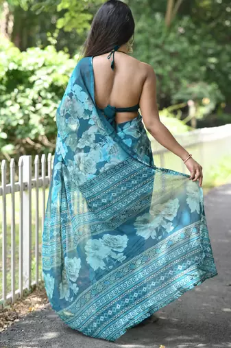 turquoise floral print chiffon saree with unstiched blouse piece