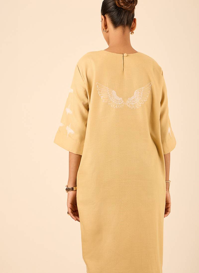 Beige all over thread embroidered cotton linen blend  straight fit longline kurta