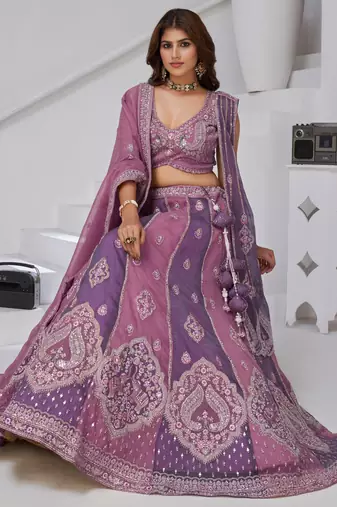 Festive Glam Mauve and Dark Purple Double Dupatta Lehenga with Layered Dupattas