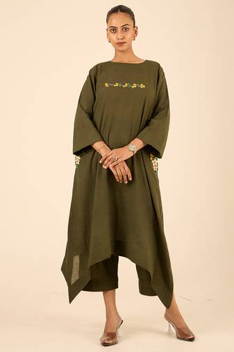 Olive green thread embroidered cotton linen a-line kurta set