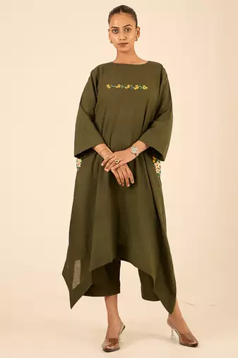Olive green thread embroidered cotton linen a-line kurta set
