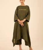 Olive green thread embroidered cotton linen a-line kurta set