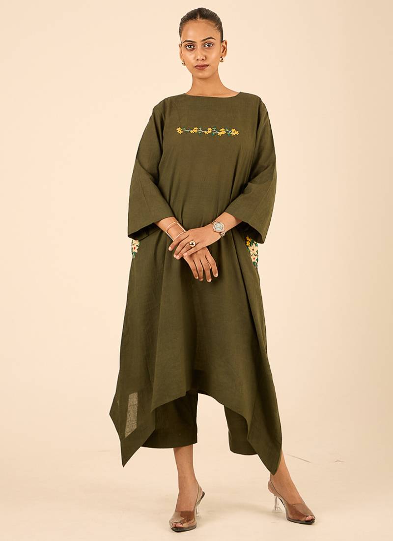 Olive green thread embroidered cotton linen a-line kurta set