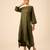 Olive green thread embroidered cotton linen a-line kurta set