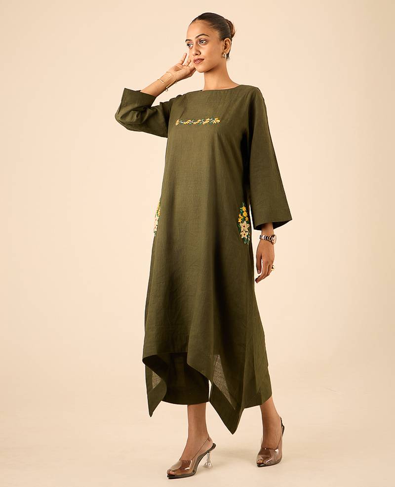 Olive green thread embroidered cotton linen a-line kurta set