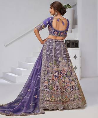 Divine Elegance in Purple     Bridal Lehenga with Temple & Cow Motifs 4