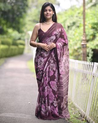 wine floral print chiffon saree with unstiched blouse piece 1