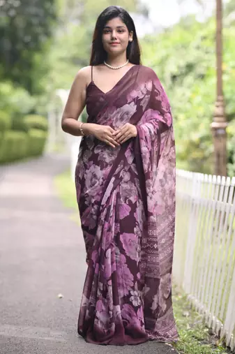wine floral print chiffon saree with unstiched blouse piece