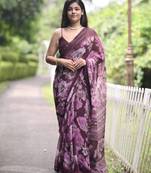 wine floral print chiffon saree with unstiched blouse piece