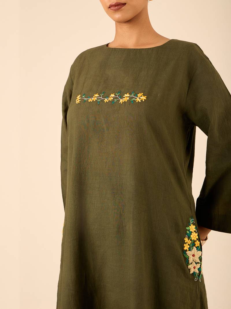 Olive green thread embroidered cotton linen a-line kurta set