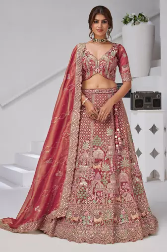 Traditional  dark Pink Bridal Lehenga Featuring Auspicious Cow and Temple Motifs