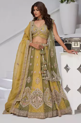 Mustard & Green Double Dupatta Lehenga with Intricate Zari and Resham Work