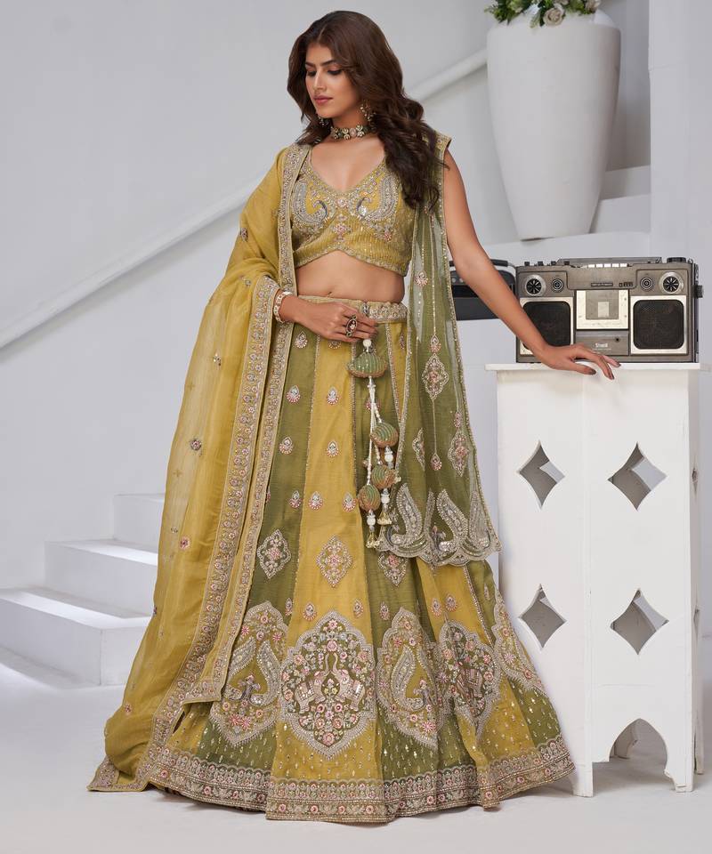 Mustard & Green Double Dupatta Lehenga with Intricate Zari and Resham Work